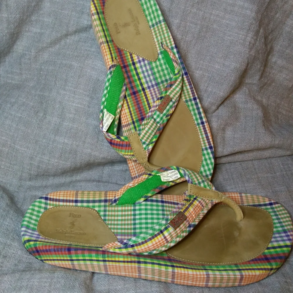 Polo Ralph Lauren plaid Madras flip flops 12D
